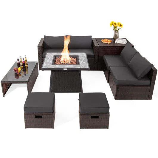 9 Pieces Patio PE Wicker Sectional Set With 50000 BTU Fire Pit Table-Gray - Kaedas