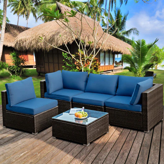 5 Pieces Cushioned Patio Rattan Furniture Set With Glass Table-Navy - Kaedas