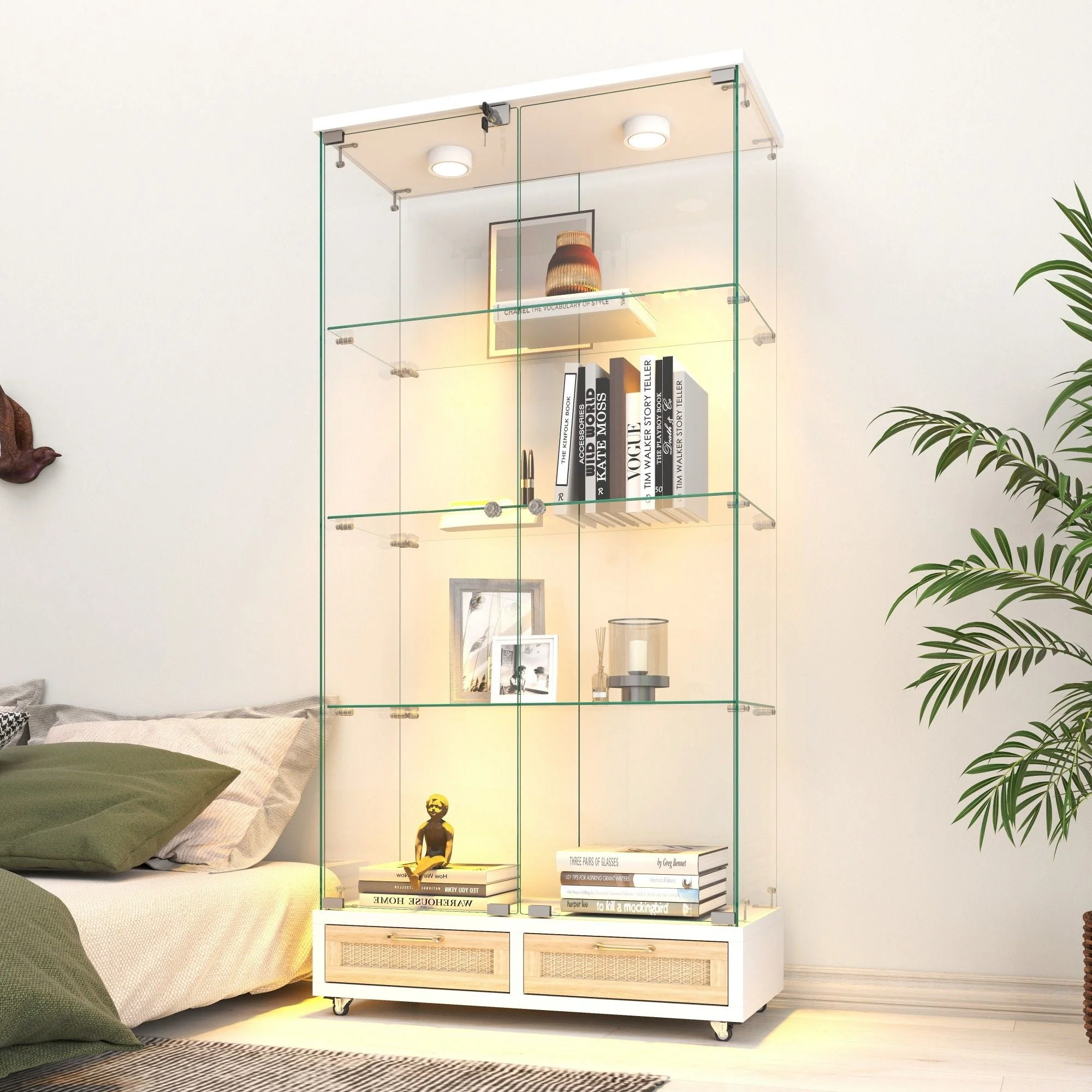 Glass Display Cabinet With LED Lights, Tempered Glass Doors, Large Drawers, 2 Door Storage Case With 4 Shelves - Natural / White - Kaedas