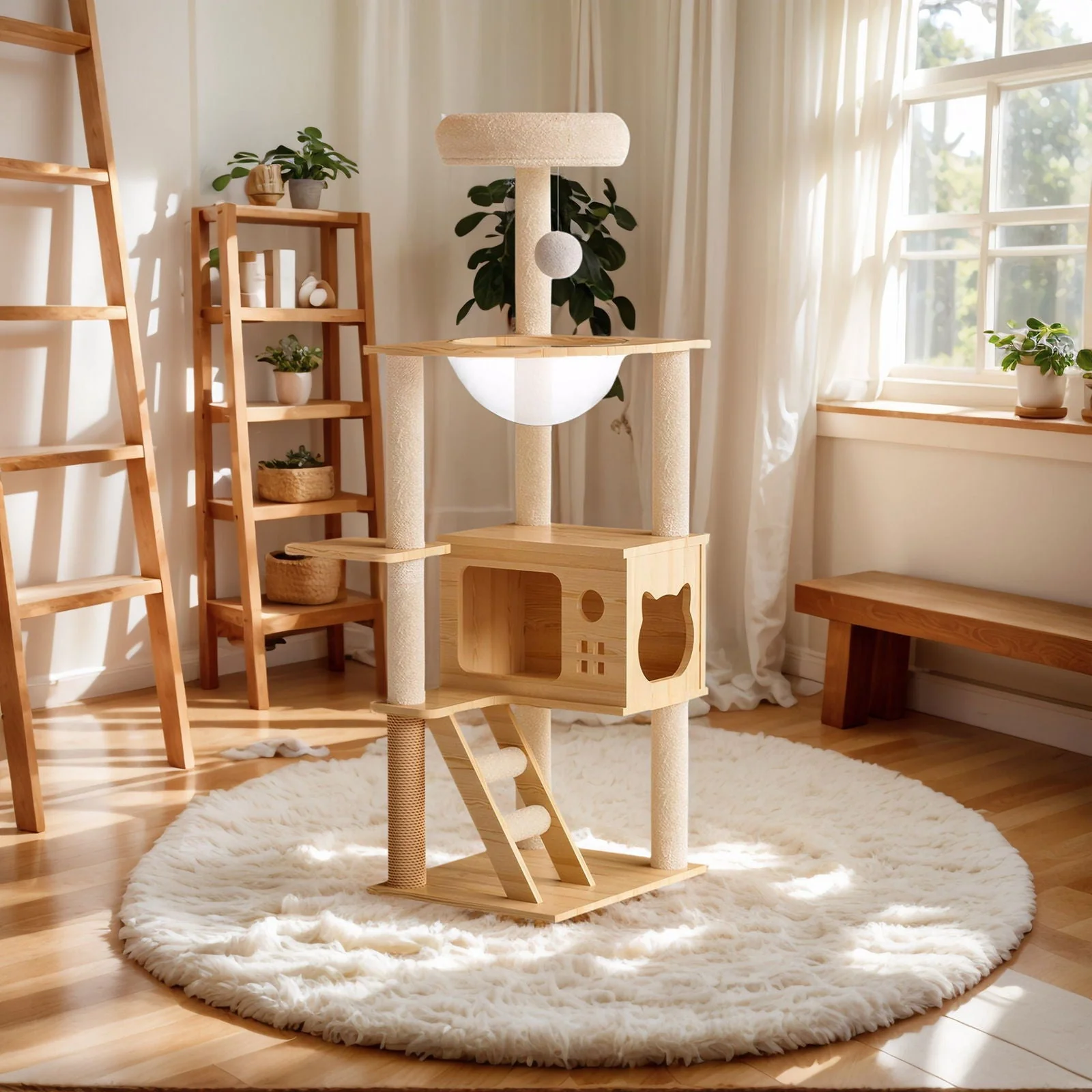 Modern Cat Tower, Wood Cat Tree Tower for Indoor Cats, Cat Tree With Sisal Covered Scratching Posts and Top Perch - Natural / White - Kaedas
