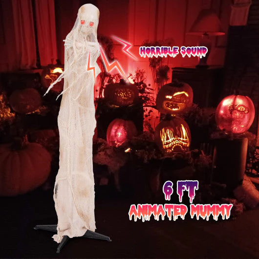 6FT Halloween Animated Standing Mummy With LED Red Glowing Eyes - Kaedas
