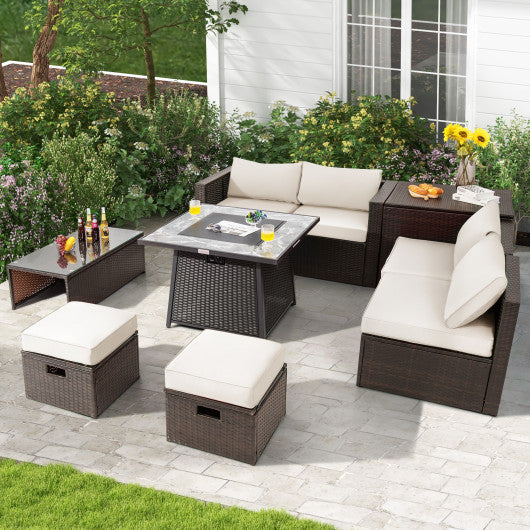 9 Pieces Patio PE Wicker Sectional Set With 50000 BTU Fire Pit Table-Off White - Kaedas