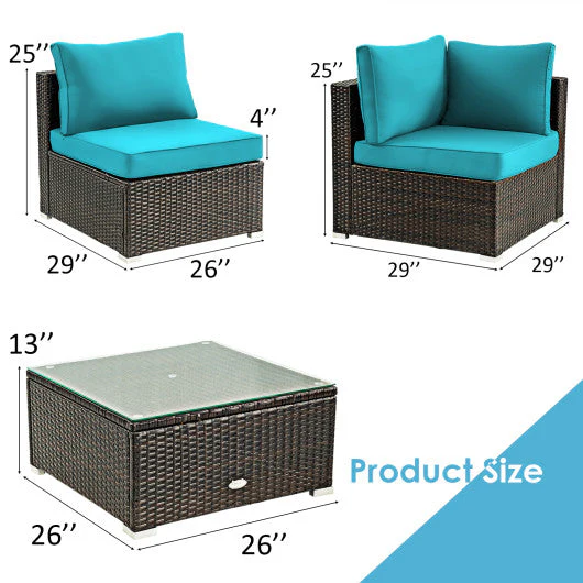 5 Pieces Cushioned Patio Rattan Furniture Set With Glass Table-Turquoise - Kaedas