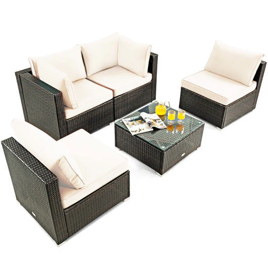 5 Pieces Cushioned Patio Rattan Furniture Set With Glass Table-White - Kaedas