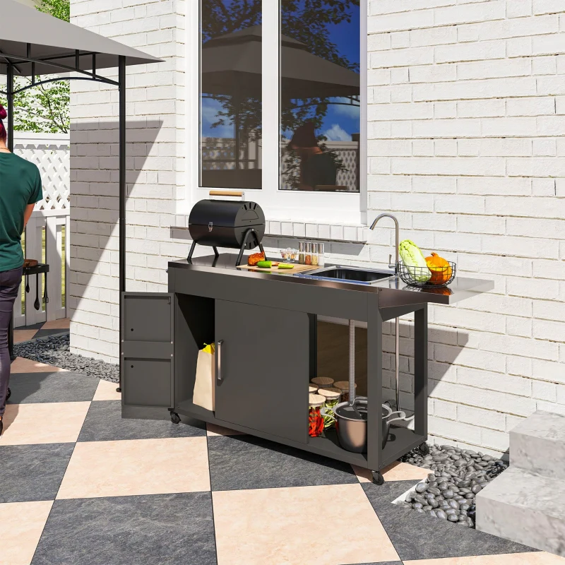 Outsunny Outdoor Grill Table with Stainless Steel Sink and Drainage - Kaedas