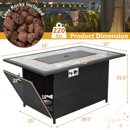 52 Inch Rattan Wicker Propane Fire Pit Table With Rain Cover and Lava Rock-Black - Kaedas