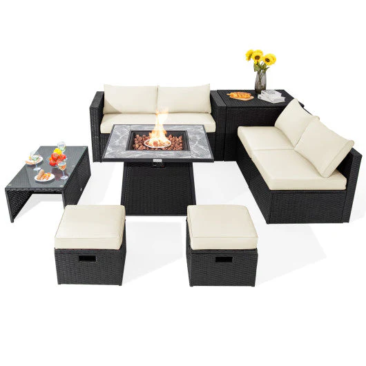 9 Pieces Outdoor Wicker Sectional With 35 Inch Gas Fire Pit Table-White - Kaedas