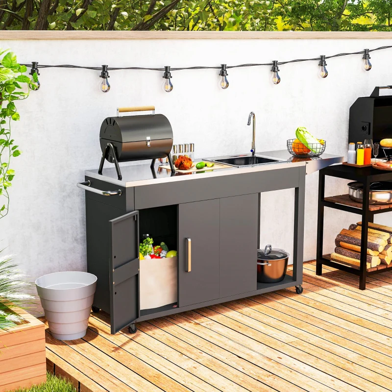 Outsunny Outdoor Grill Table with Stainless Steel Sink and Drainage - Kaedas