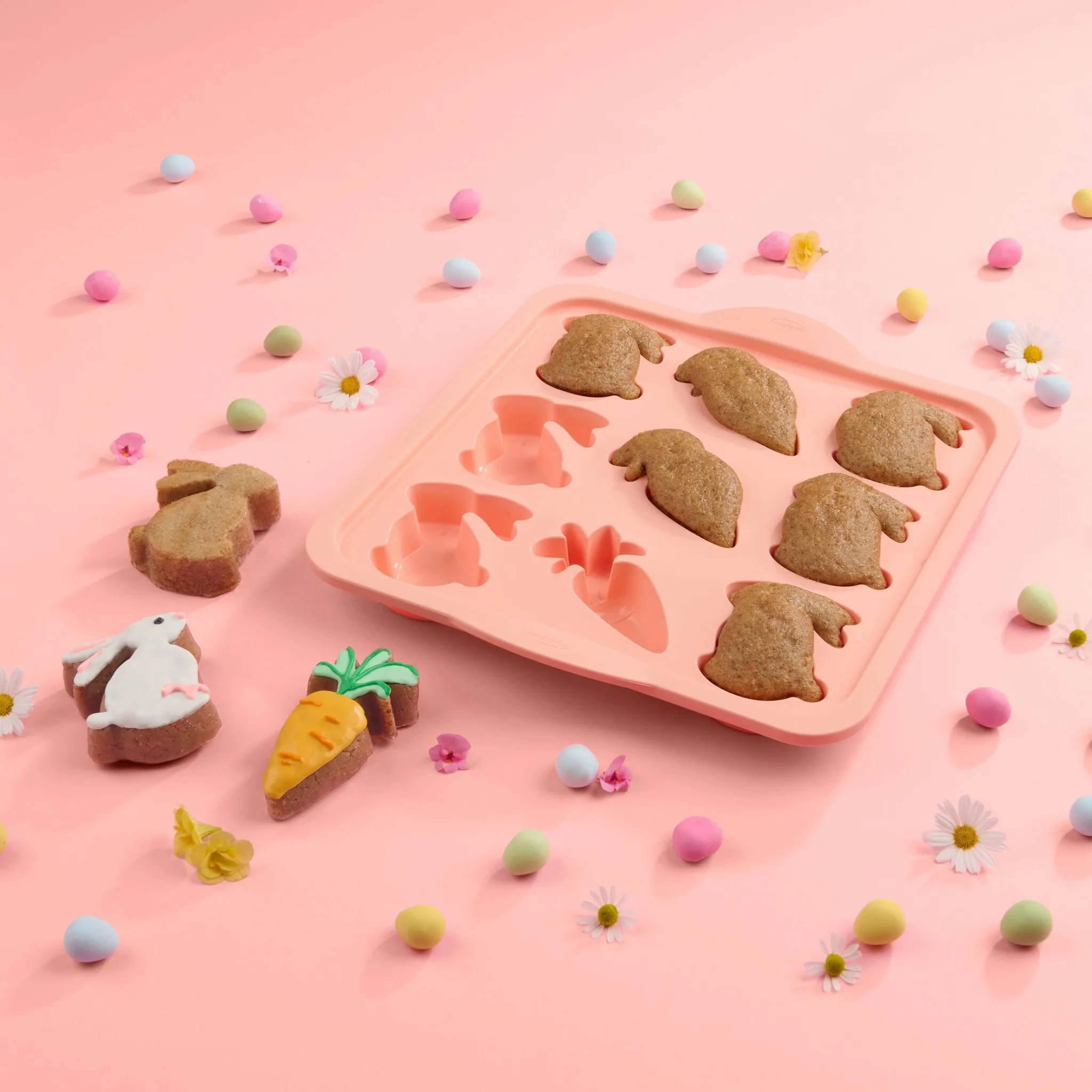 9 Cavity Silicone Bunny and Carrot Pan Pink - Kaedas