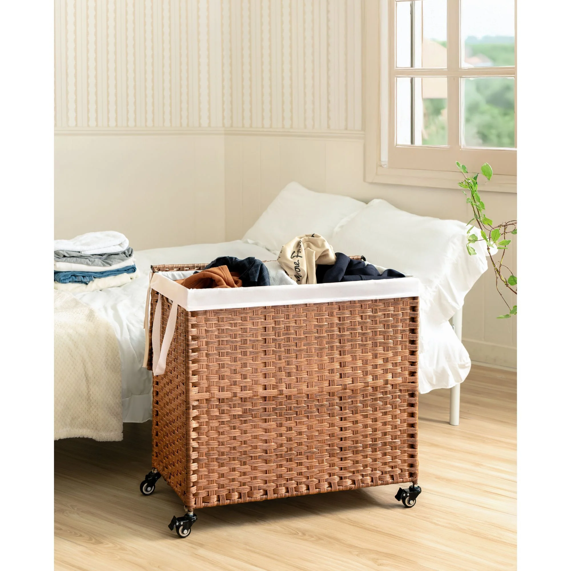 Laundry Hamper With Lid PE Rattan Powder Coating Frame Clothes Hampers With 2 Removable Bags - Kaedas