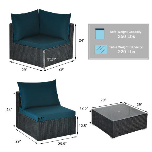 7 Pieces Sectional Wicker Furniture Sofa Set With Tempered Glass Top-Peacock Blue - Kaedas
