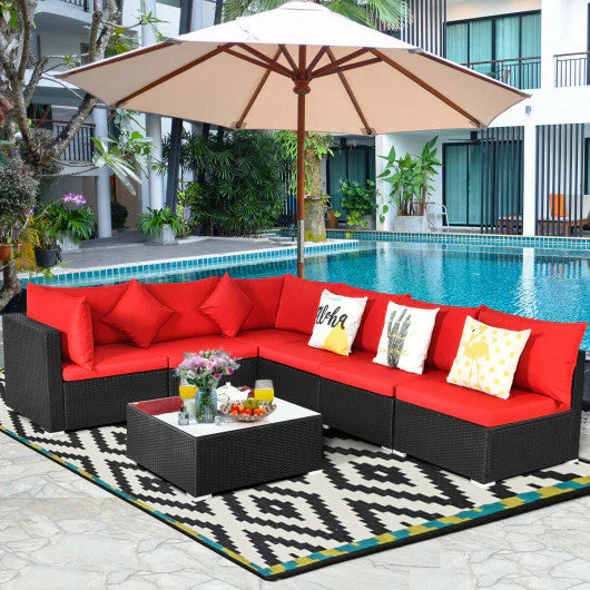 7 Pieces Sectional Wicker Furniture Sofa Set With Tempered Glass Top-Red - Kaedas