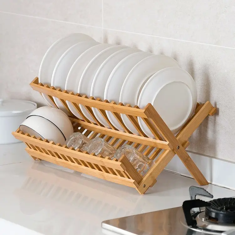 Bamboo Dish Drying Rack - 2-Tier Foldable Dish Rack for Kitchen Counter - Kaedas