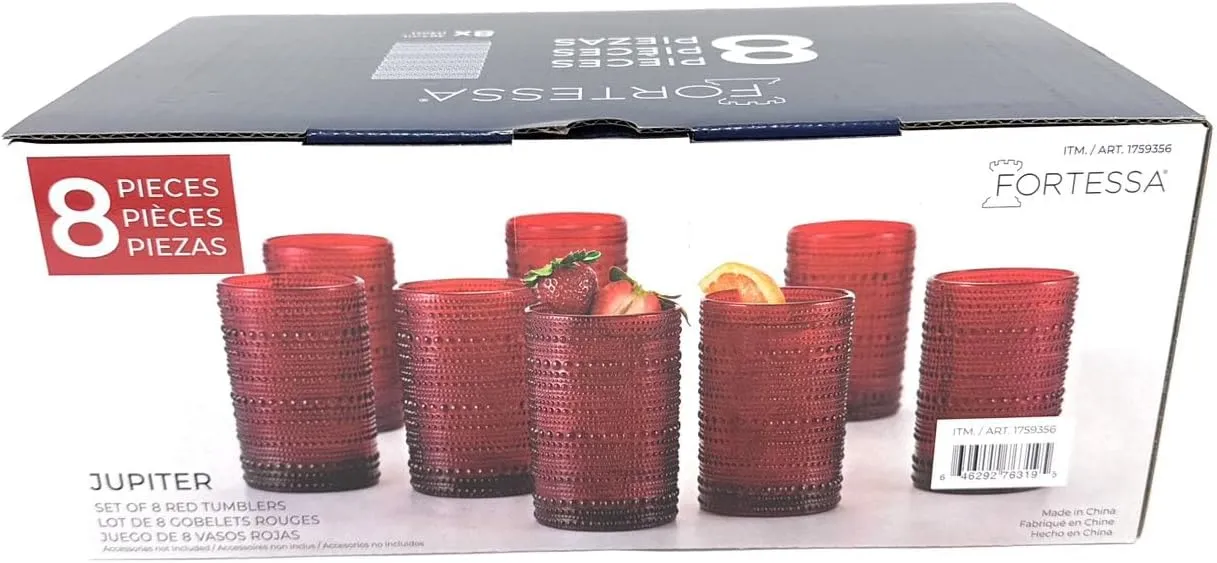 Fortessa Jupiter Red Beaded Textured Glass Tumblers - 8 Piece Set, 13 Ounces Each - Kaedas