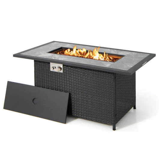 52 Inch Rattan Wicker Propane Fire Pit Table With Rain Cover and Lava Rock-Black - Kaedas
