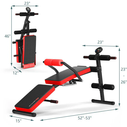 Adjustable Sit Up Bench With LCD Monitor-Red - Kaedas