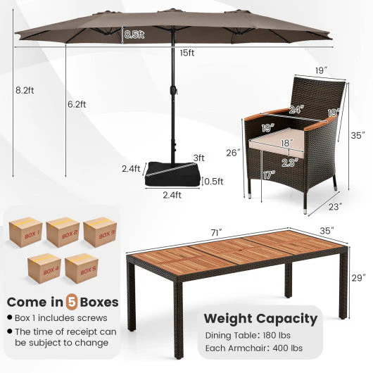 11 Pieces Patio Dining Set With 15 Feet Double-Sided Patio Umbrella and Base-Coffee - Kaedas
