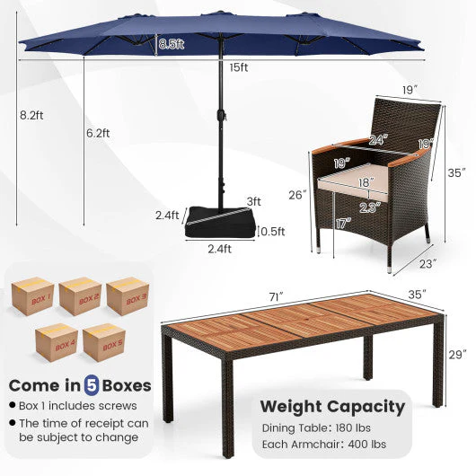 11 Pieces Patio Dining Set With 15 Feet Double-Sided Patio Umbrella and Base-Navy - Kaedas