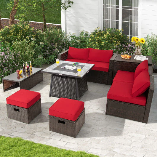9 Pieces Patio PE Wicker Sectional Set With 50000 BTU Fire Pit Table-Red - Kaedas