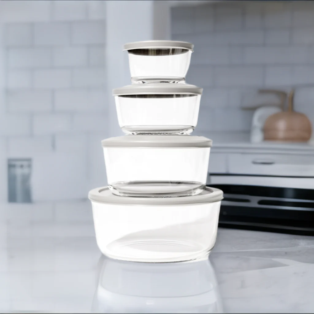Glass Food Storage Containers - 8 Piece (4 Containers + 4 Lids) Round Nesting Space-Saving Set - Kaedas