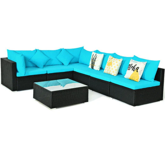 7-Piece Outdoor Sectional Wicker Patio Sofa Set With Tempered Glass Top-Blue - Kaedas