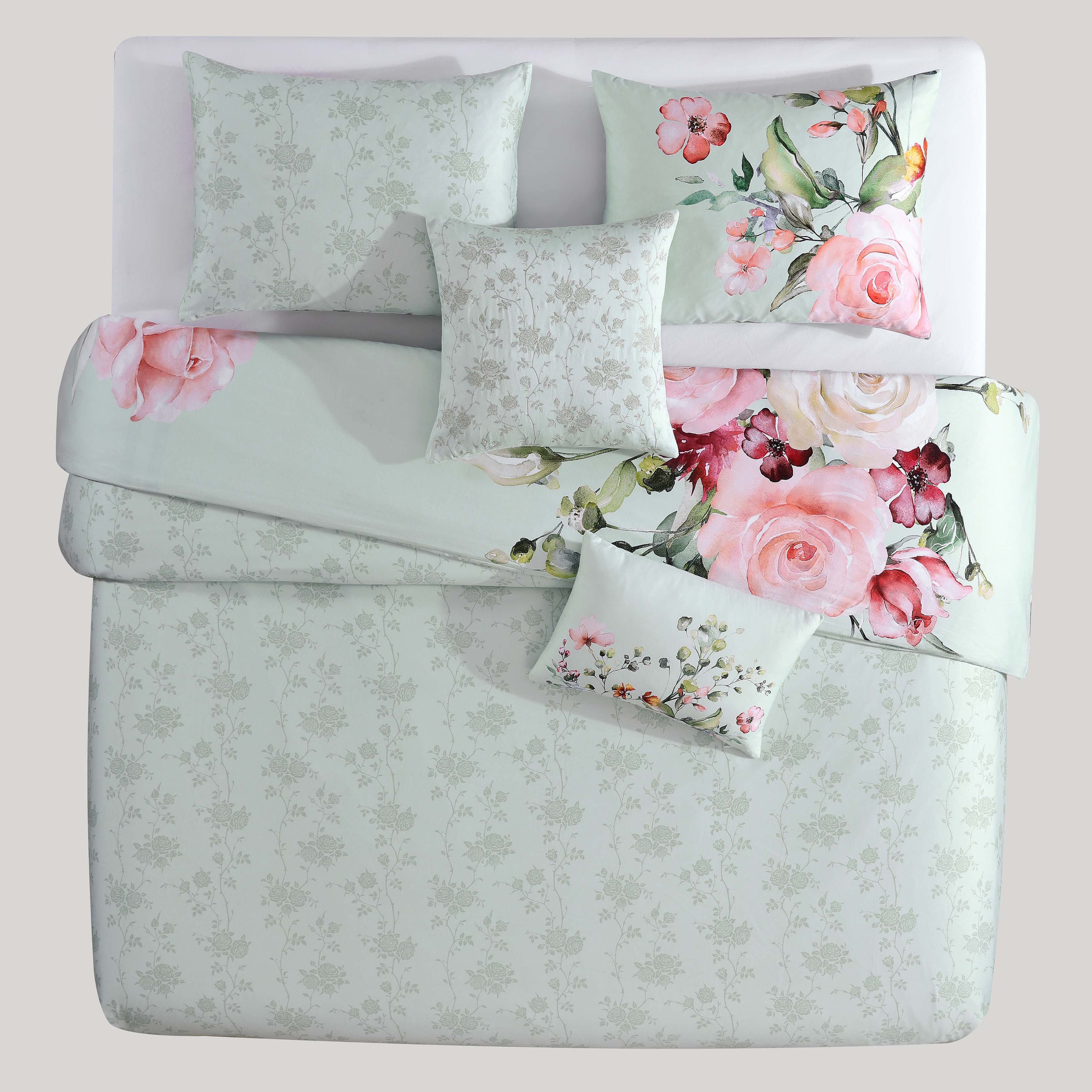 Bebejan Rose on Misty Green 5 Piece Reversible Comforter Set - Kaedas