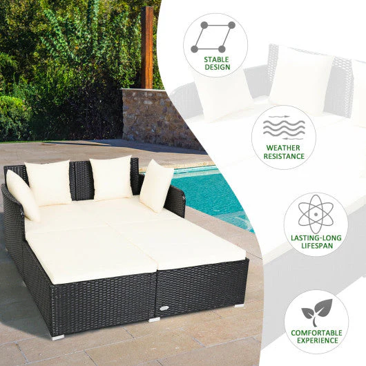 Spacious Outdoor Rattan Daybed With Upholstered Cushions and Pillows-White - Kaedas