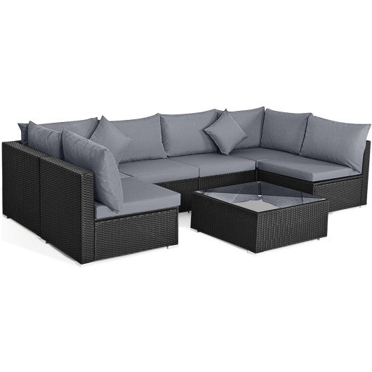 7 Pieces Sectional Wicker Furniture Sofa Set With Tempered Glass Top Coffee Table-Gray - Kaedas
