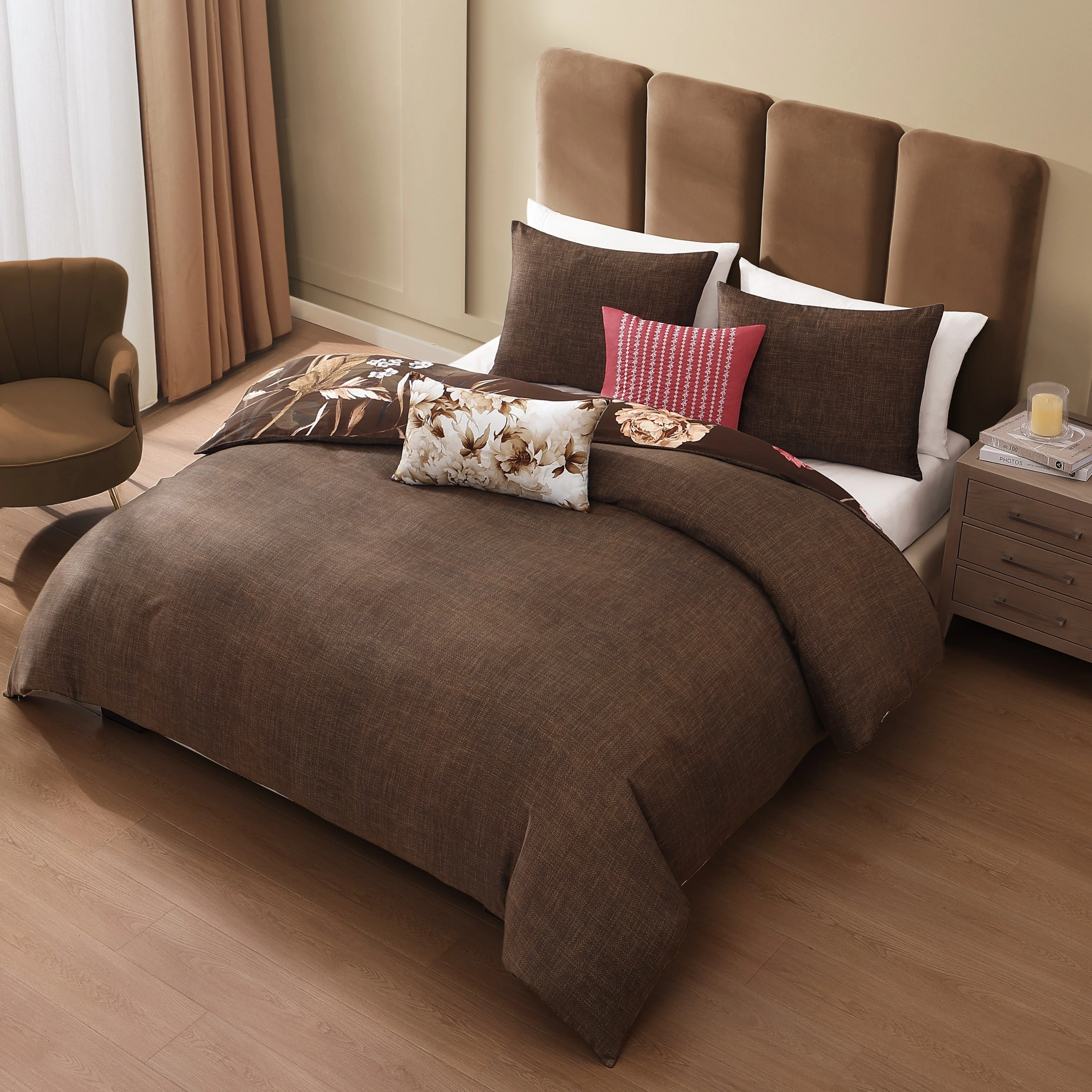 Bebejan Floral Garden on Mocha 5 Piece Reversible Comforter Set - Kaedas