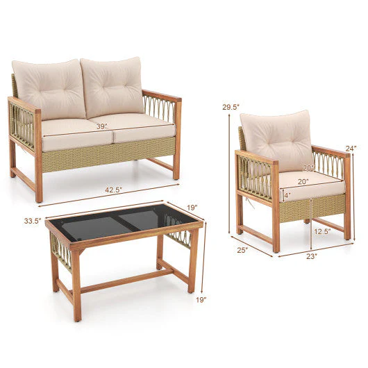 4 Pieces Outdoor Patio PE Wicker Conversation Bistro Set With Acacia Wood Frame-Brown - Kaedas