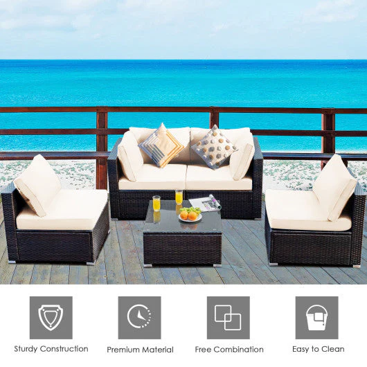 5 Pieces Cushioned Patio Rattan Furniture Set With Glass Table-White - Kaedas