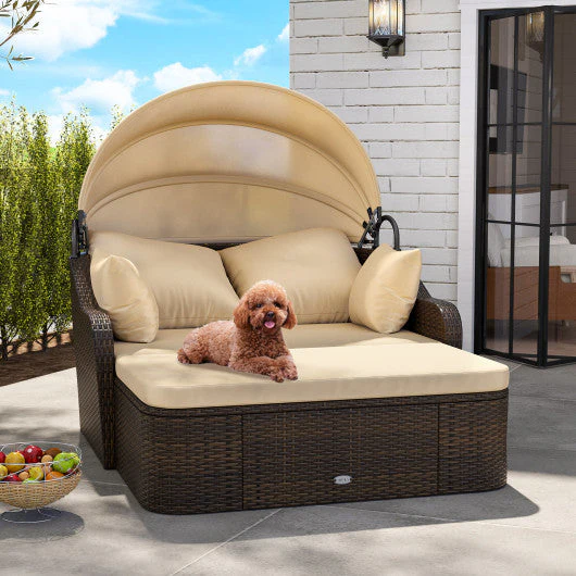 Patio PE Rattan Daybed With Retractable Canopy and Soft Cushions-Beige - Kaedas