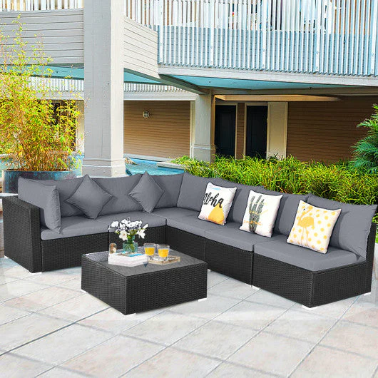 7 Pieces Sectional Wicker Furniture Sofa Set With Tempered Glass Top Coffee Table-Gray - Kaedas
