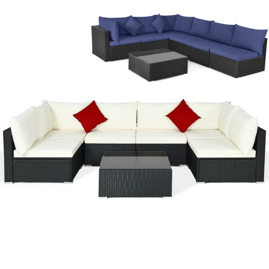 7 Pieces Sectional Wicker Furniture Sofa Set With Tempered Glass Top-White & Navy - Kaedas