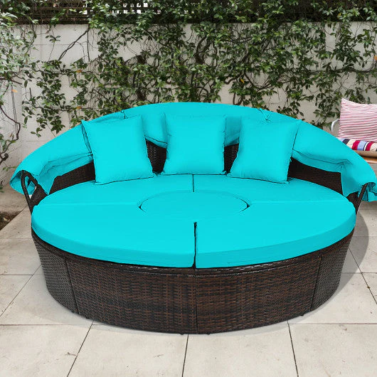 Patio Round Rattan Daybed With Retractable Canopy and Height Adjustable Coffee Table-Turquoise - Kaedas