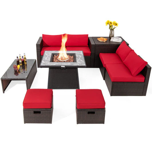 9 Pieces Patio PE Wicker Sectional Set With 50000 BTU Fire Pit Table-Red - Kaedas