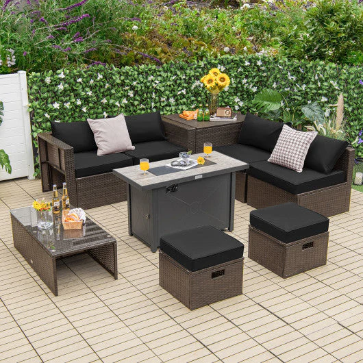 9 Pieces Outdoor Patio Furniture Set With 42 Inch Propane Fire Pit Table-Black - Kaedas