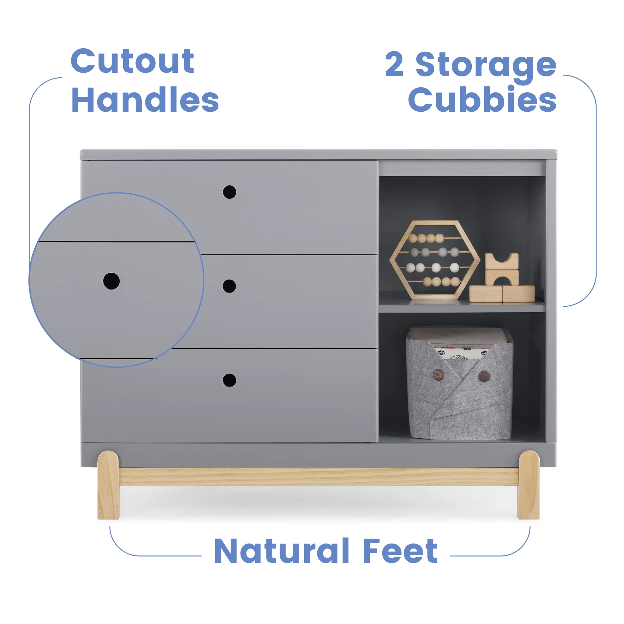 Poppy 3 Drawer Dresser With Cubbies - Grey - Kaedas