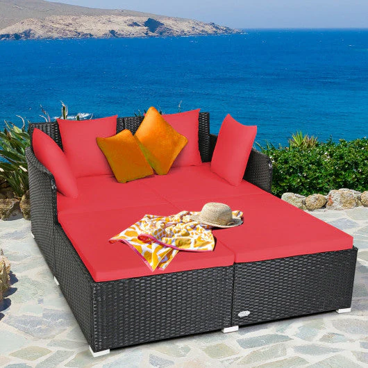Spacious Outdoor Rattan Daybed With Upholstered Cushions and Pillows-Red - Kaedas