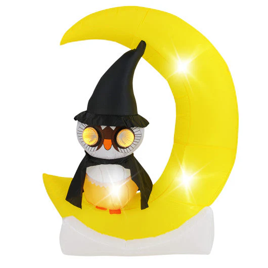 Inflatable Owl on Moon LED Lighted Halloween Decoration With Large Moon and Wizard Owl - Kaedas