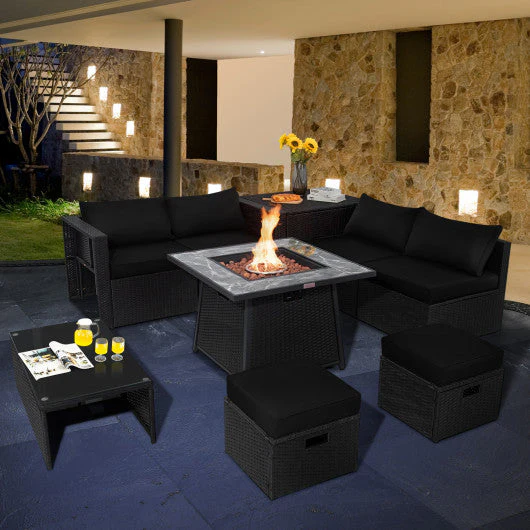 9 Pieces Outdoor Wicker Sectional With 35 Inch Gas Fire Pit Table-Black - Kaedas