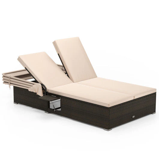 Patio Double Chaise Lounge With Shade Cushions and Folding Side Trays-Beige - Kaedas