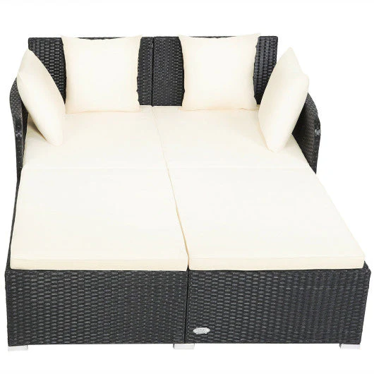 Spacious Outdoor Rattan Daybed With Upholstered Cushions and Pillows-White - Kaedas