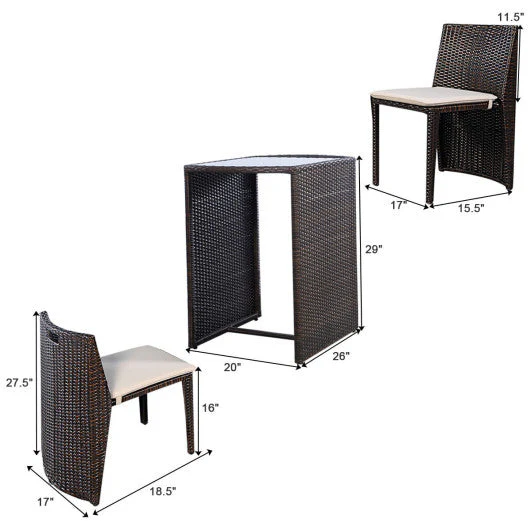 3 Pieces Cushioned Wicker Patio Bistro Set With No Assembly Needed - Kaedas