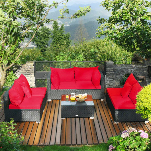 7 Pieces Sectional Wicker Furniture Sofa Set With Tempered Glass Top-Red - Kaedas