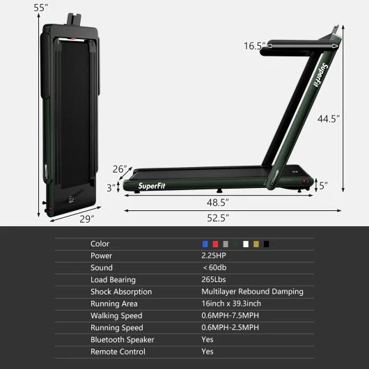 2.25HP 2 in 1 Folding Treadmill With APP Speaker Remote Control-Green - Kaedas