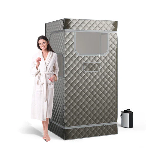 Portable Steam Sauna With 3L Steam Generator Remote Control Wood Foot Massager and Foldable Chair for Home-Gray - Kaedas