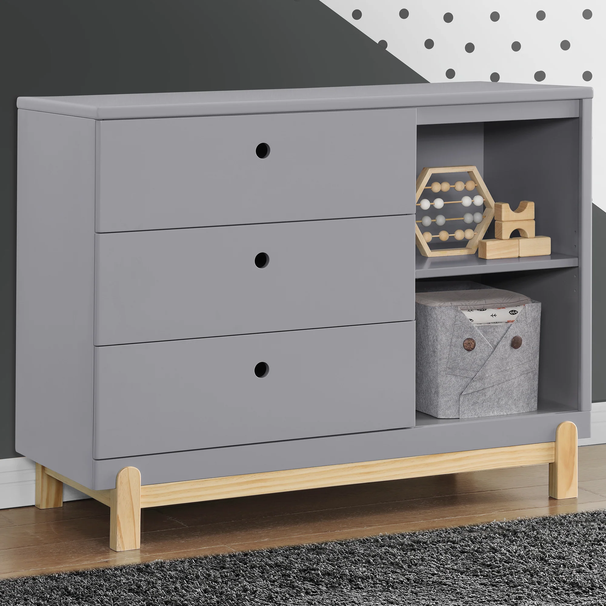 Poppy 3 Drawer Dresser With Cubbies - Grey - Kaedas