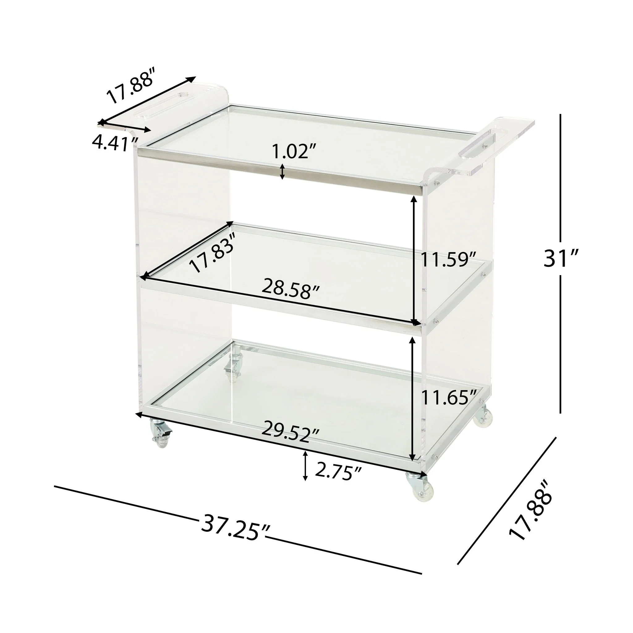 Elegant Acrylic Bar Cart With Tempered Glass Shelves and Rattan Metal Frame - Clear - Kaedas