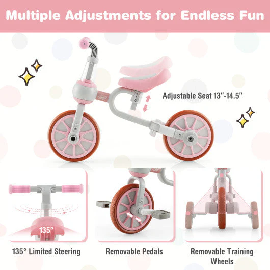 4-in-1 Kids Trike Bike With Adjustable Parent Push Handle and Seat Height-Pink - Kaedas